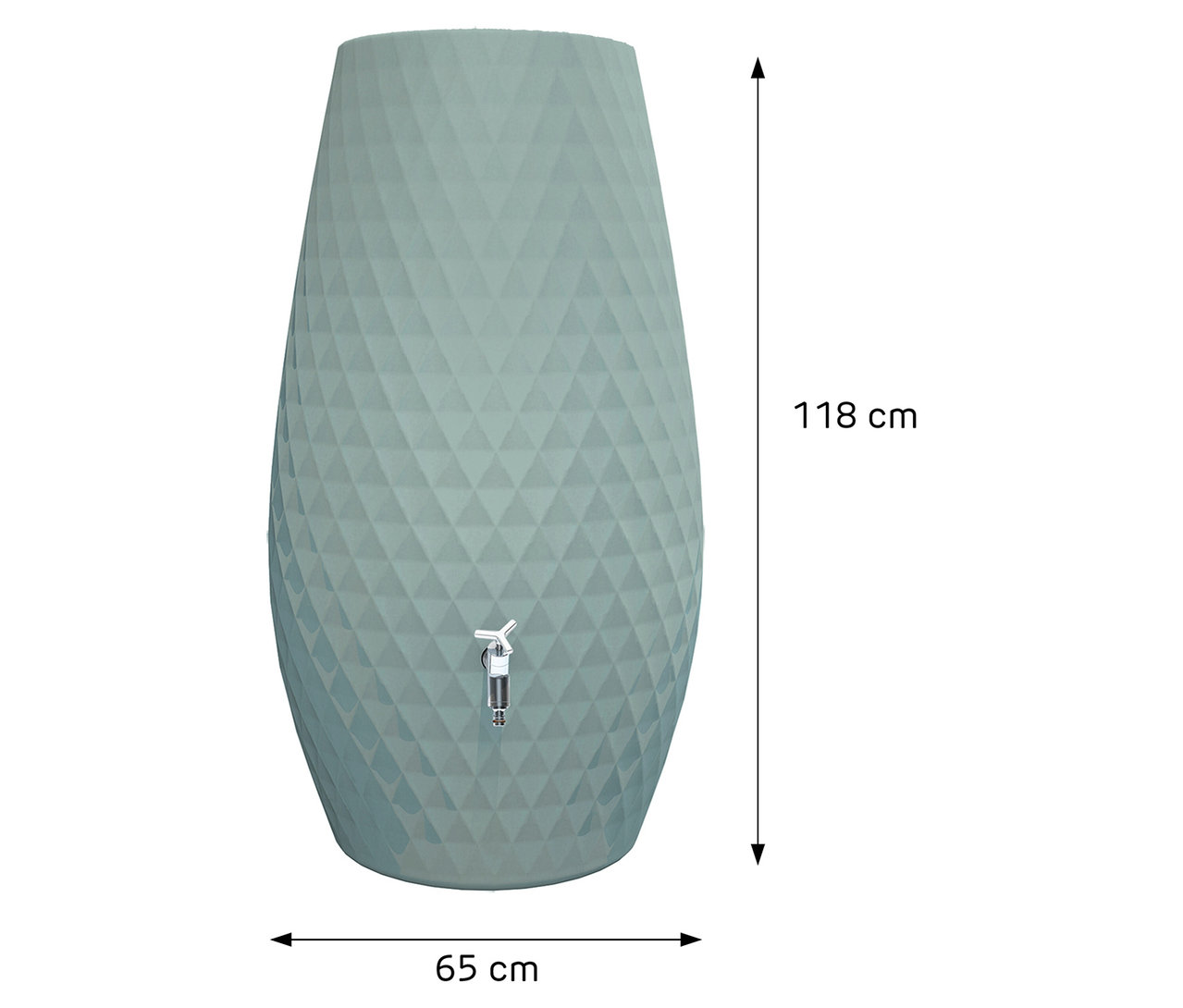 Eine 118 cm hohe, hellblaue Regentonne mit dreieckigem Muster und einem silbernen Wasserhahn wird mit Breitenmaßen von 65 cm angezeigt.