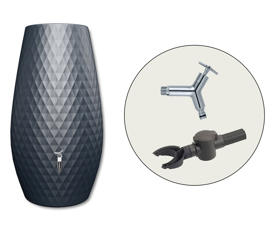 GARANTIA Triagon 2-in-1-Regenspeicher-Set, 230 l, graphitgrau mit Zubehör im Kreis.