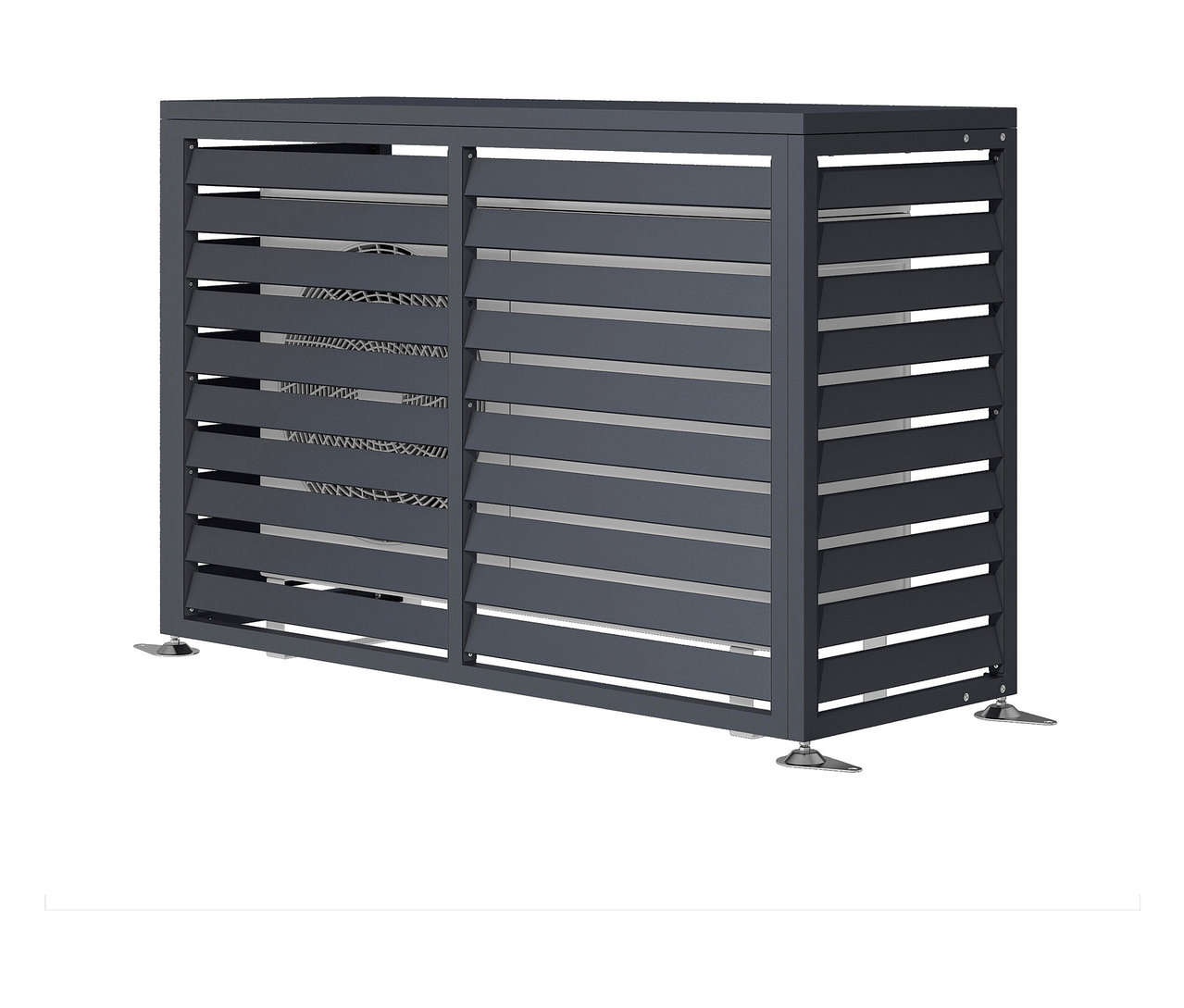 Graue Klimaanlagenverkleidung mit horizontalen Lamellen.