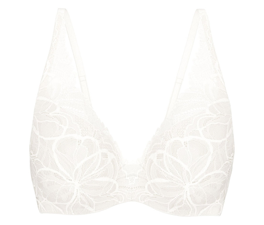 Weißer Triumph Body Makeup Illusion Lace WP BH mit floralem Spitzenmuster und dünnen Trägern.