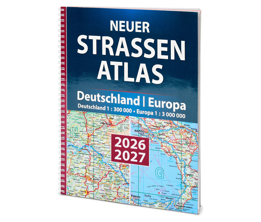 Geöffneter Straßenatlas "Deutschland | Europa 2026/2027" mit Detailkarte von Süditalien.