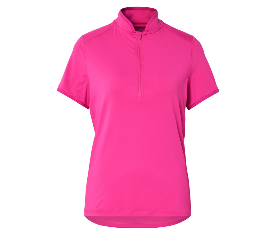 Pinkfarbenes kurzärmeliges Sportoberteil mit kurzem Reißverschluss.