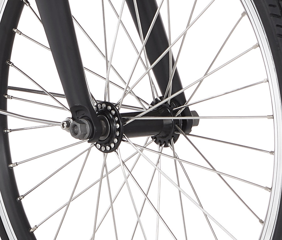 Detailansicht des Vorderrads eines Fischer Cita Agilo 2.0 Faltrads mit Speichen.