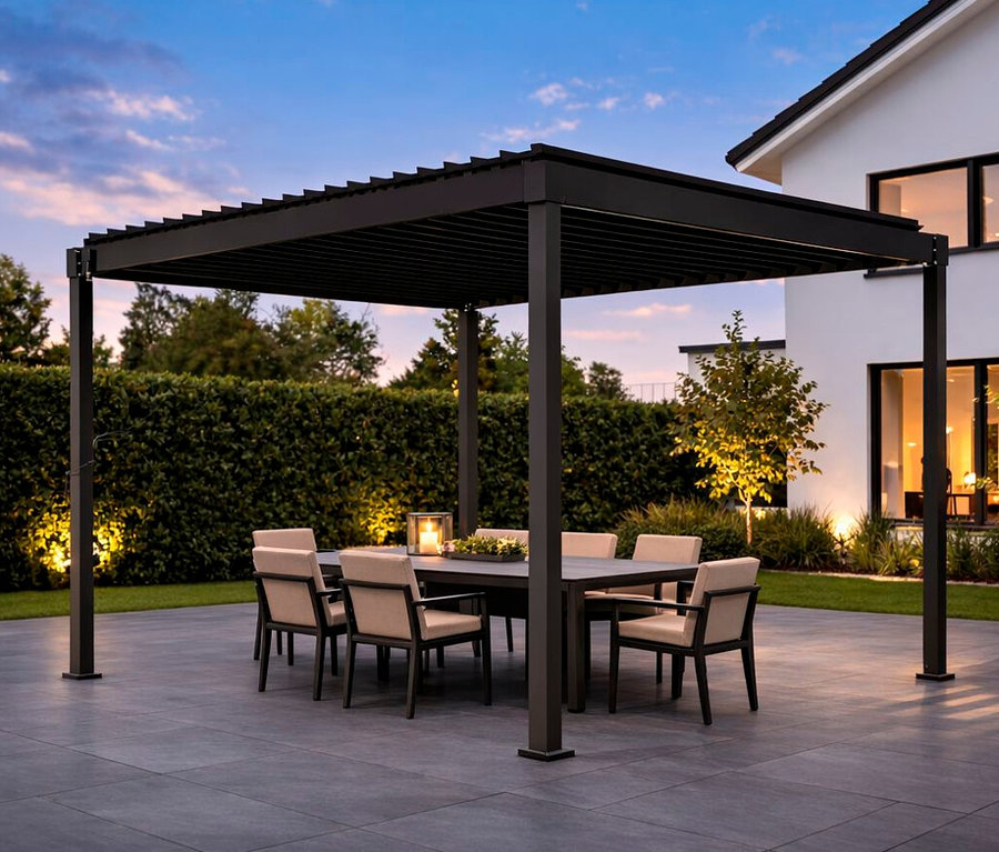 Dunkelgraue Leco Lamellenpergola 360 x 300 cm über einem Tisch mit sechs Stühlen auf einer Terrasse.