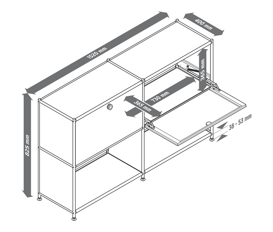 Eine Skizze eines Metall-Sideboards mit 2 versetzbaren Klappenfächern und Abmessungen.