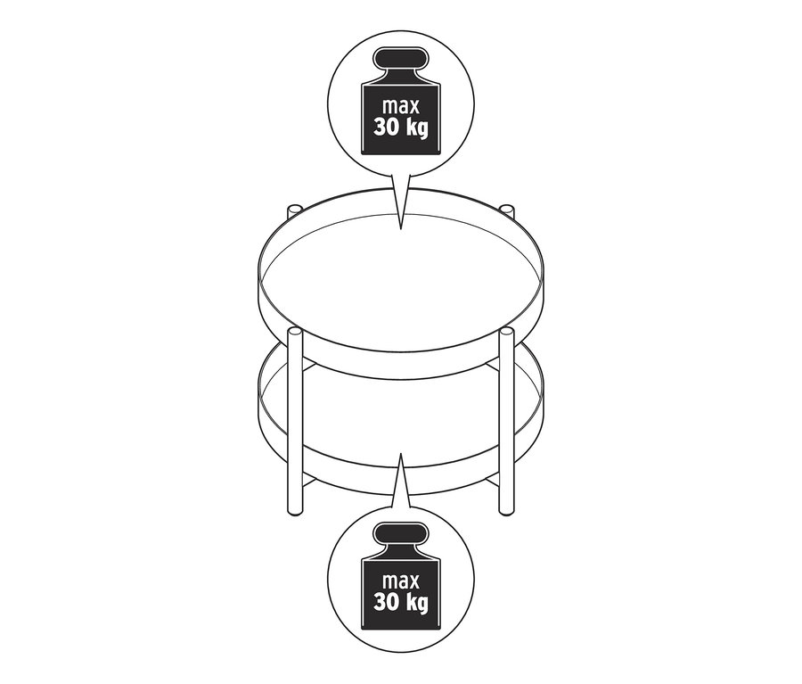 Illustration von einem runden Couchtisch mit Extra-Ablage und einer maximalen Traglast von 30 kg.