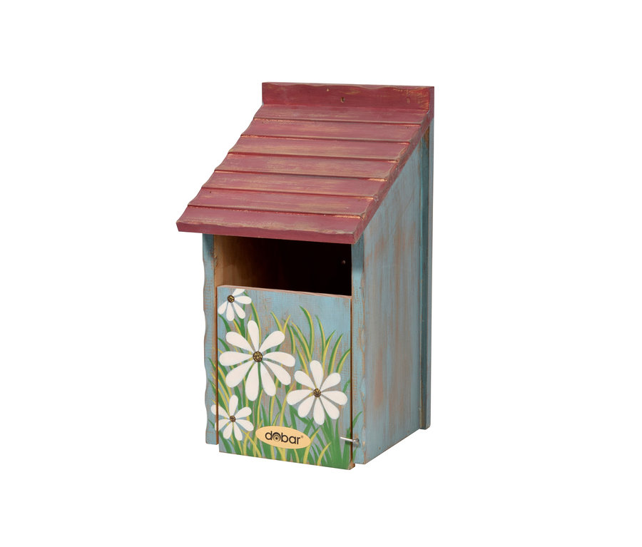 Ein bunter Dobar-Nistkasten mit Halbhöhle und rotem Dach ist zu sehen.