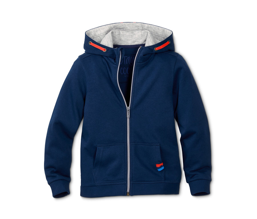 Marineblaue Sweatjacke mit Reißverschluss und Kapuze.