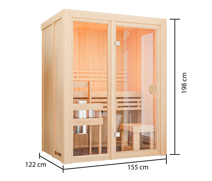 Abbildung der Karibu Sauna »Vivi 1« mit den Maßen 122 cm x 155 cm x 198 cm.
