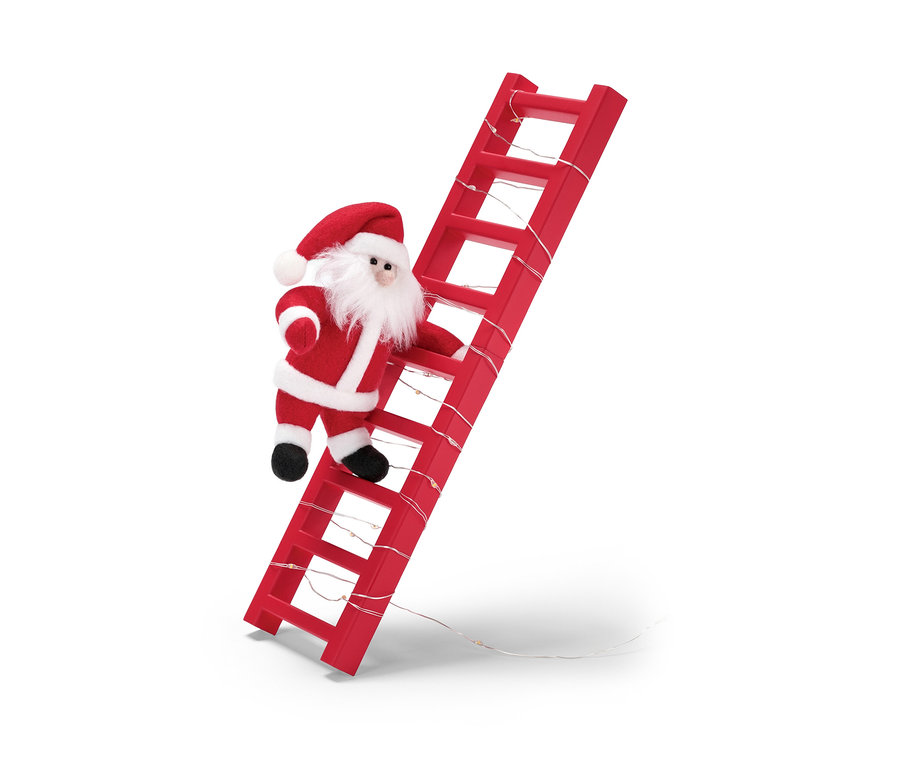 Santa-Claus-Puppe klettert auf eine rote Leiter mit LED-Lichterkette, Weihnachtsdeko-Set.