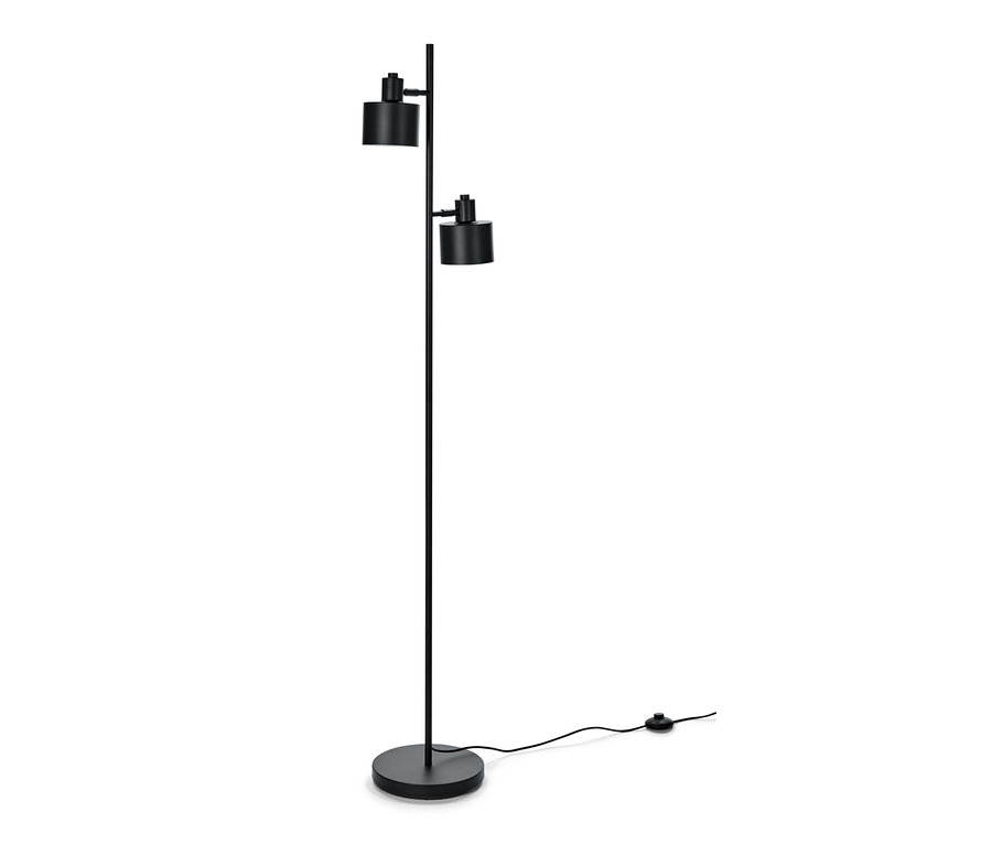 Schwarze Stehleuchte mit zwei Lampenschirmen.