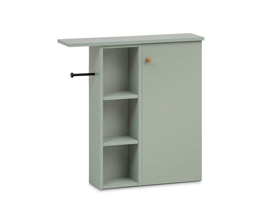 Ansicht des schmalen, pistaziengrünen Nischenschranks »Bjarne« mit Regalen auf der linken Seite und einer Tür auf der rechten Seite.