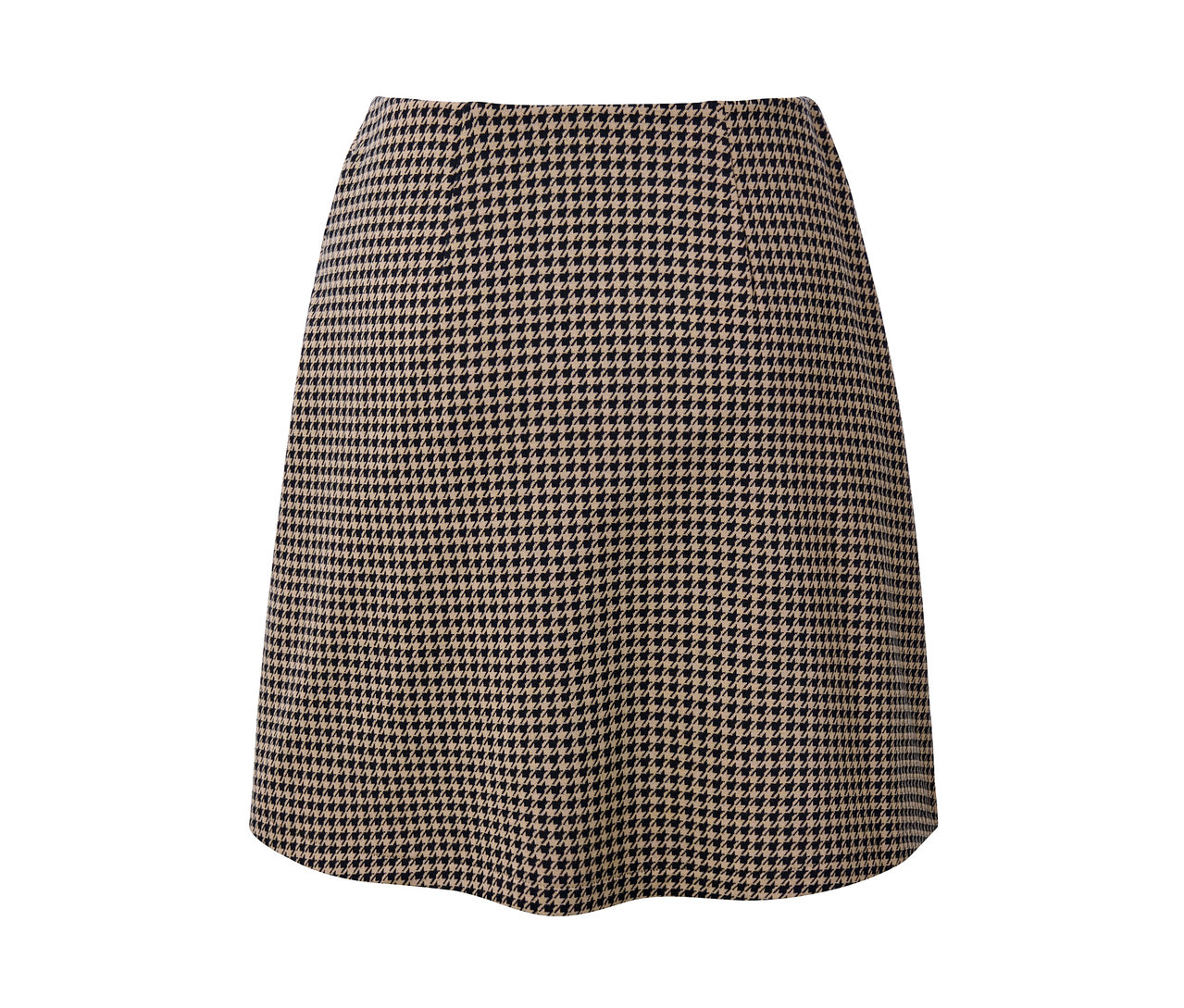 Detailansicht eines Sweatrocks mit Hahnentritt-Jacquardmuster.