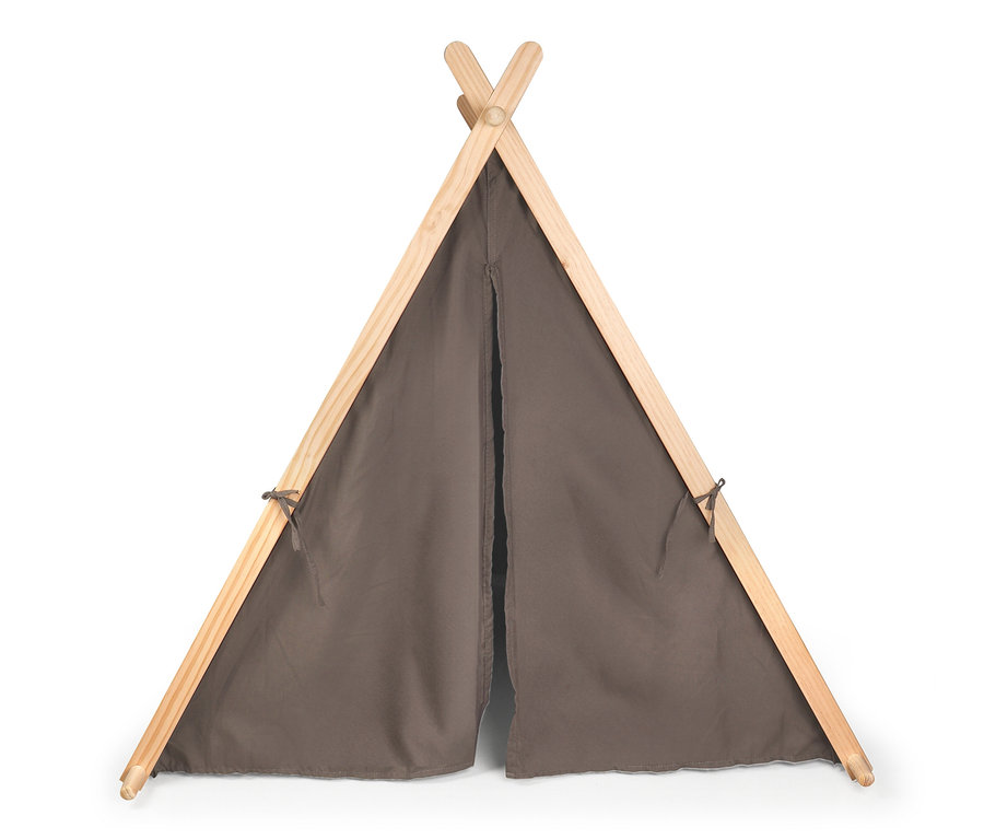 Ein graubraunes small foot Spielzelt mit Holzrahmen und offenem Eingang.