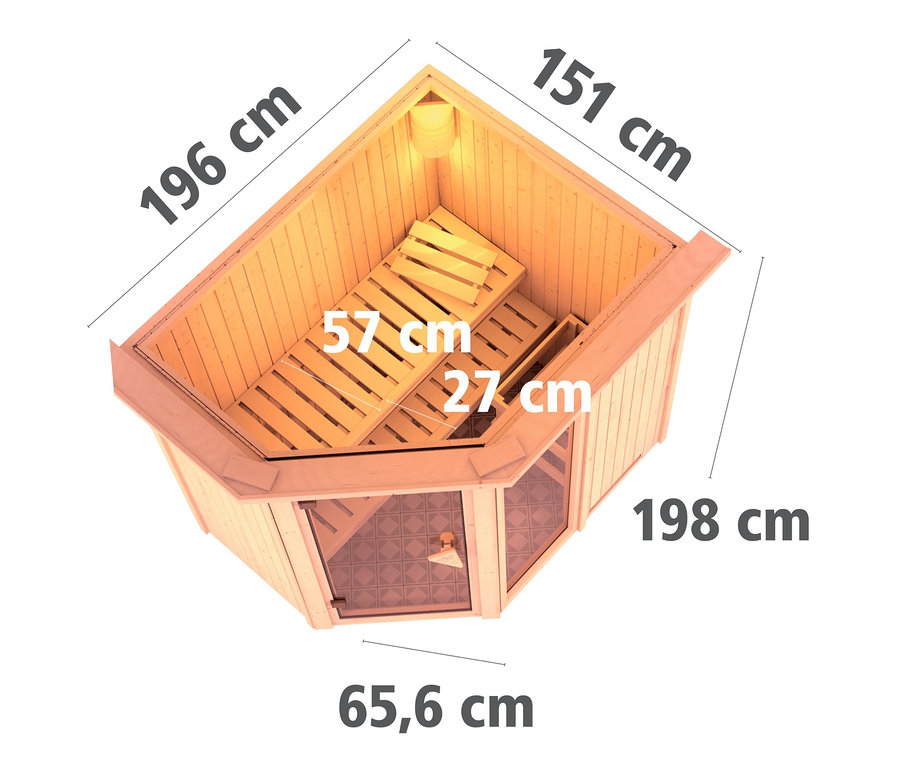 Draufsicht der Karibu Sauna »Amy 1« mit Maßangaben.