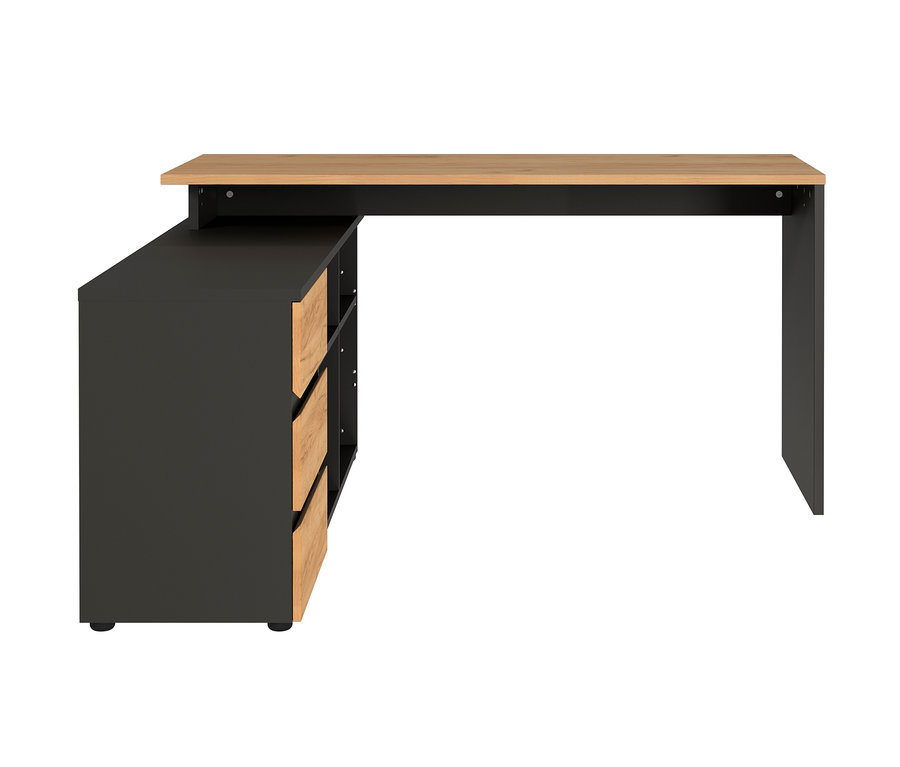 Ein Eckschreibtisch »Lissabon« mit schwarzem Rahmen und einer Tischplatte und Schubladen in Holzoptik.