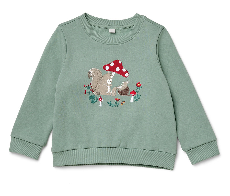 Grünes Sweatshirt mit Eichhörnchen- und Igelbild unter einem Fliegenpilz.