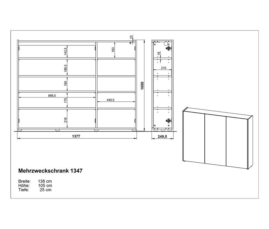 Diagramm der technischen Spezifikationen des Mehrzweckschranks.