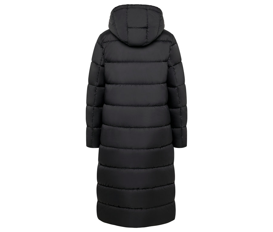 Schwarze gesteppte Daunenjacke mit Kapuze, Rückansicht.