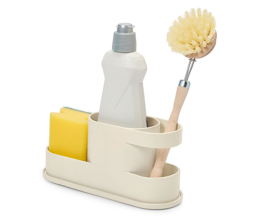 Ablage mit Schwamm, Spülmittelflasche und Bürste.