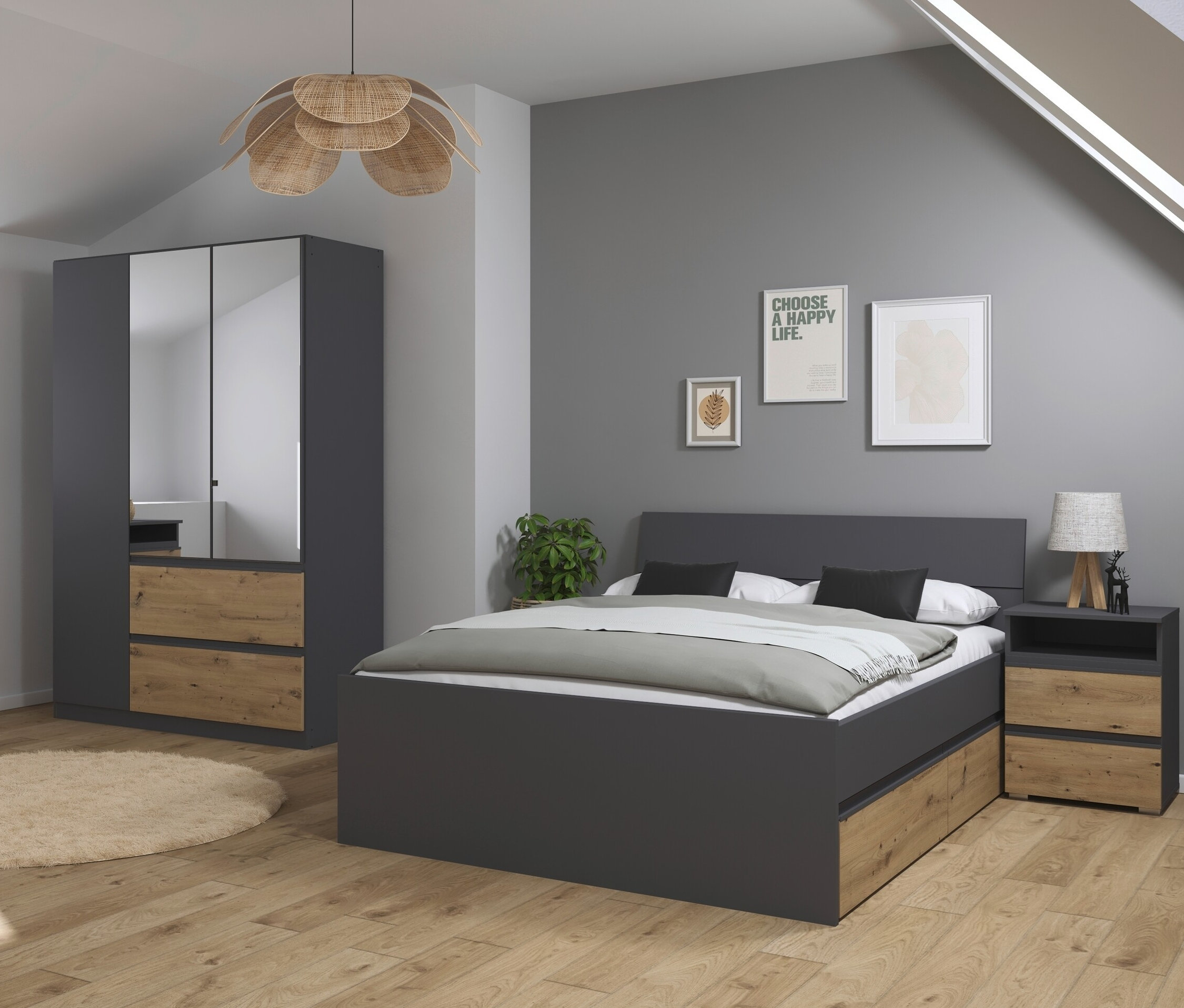 Ein Zimmer mit einem grauen Bett und einem Kleiderschrank.