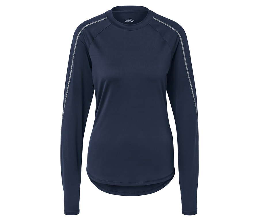 Marineblaues Langarmshirt mit weißen Akzenten an den Ärmeln.