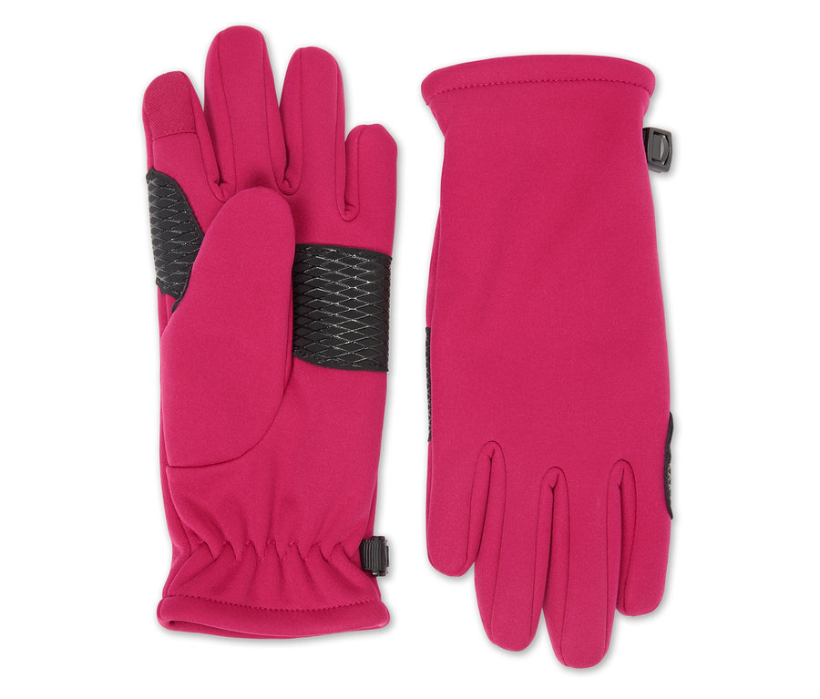 Zwei pinke Handschuhe mit schwarzen Details liegen nebeneinander.
