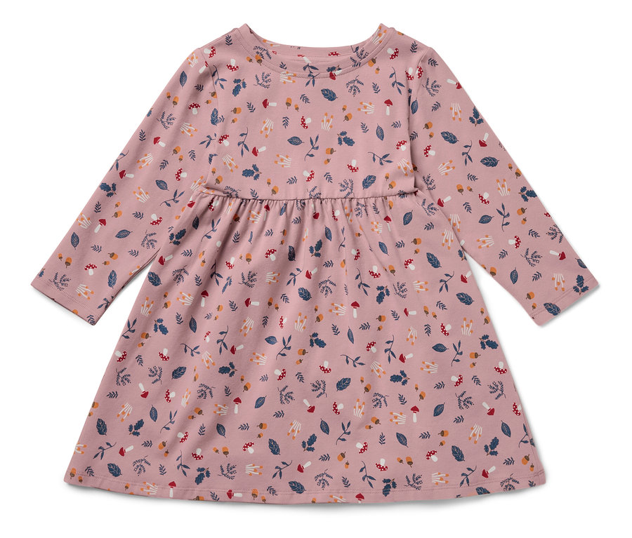 Rosa Kinderkleid mit langen Ärmeln und Blätter- und Pilzaufdruck.