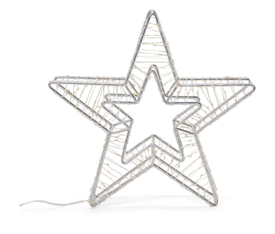 Silberner Drahtstern mit LED-Lichtern auf weißem Hintergrund.