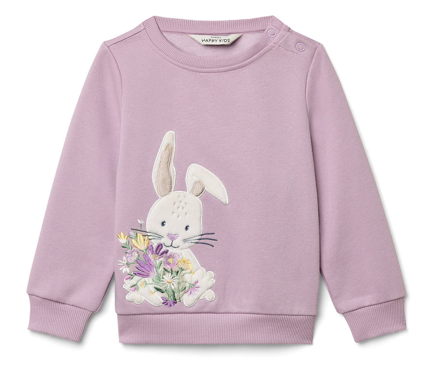 Lila Sweatshirt mit Applikation eines Hasen, der einen Blumenstrauß hält.