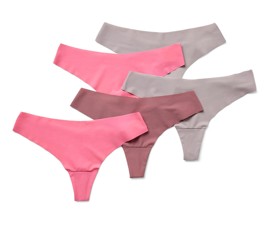 Fünf Magic-Cut-Strings in Pink, Braun und Grau liegen auf einem weißen Hintergrund.