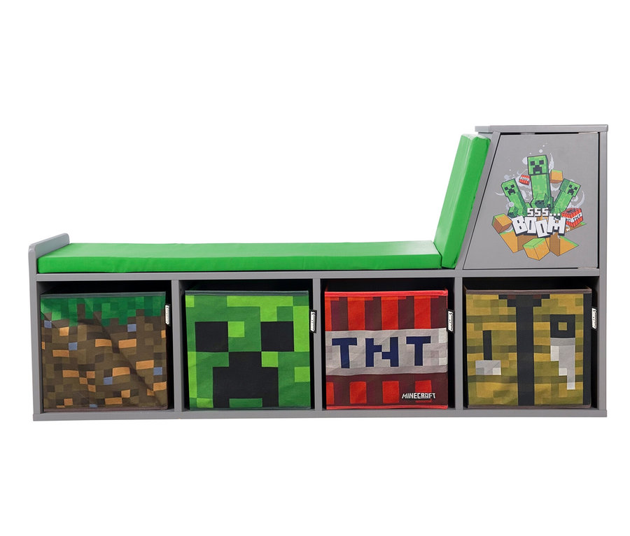 Graue roba Minecraft Sitzbank und Leseregal mit Minecraft-Motiven.