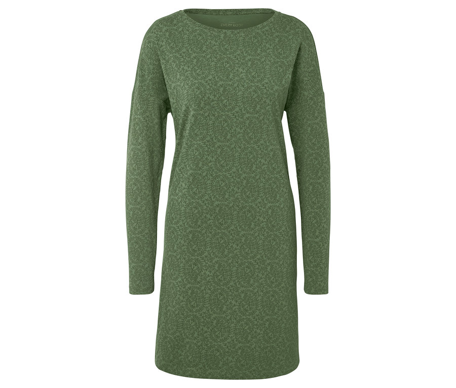 Grünes, gemustertes, langärmeliges Kleid.