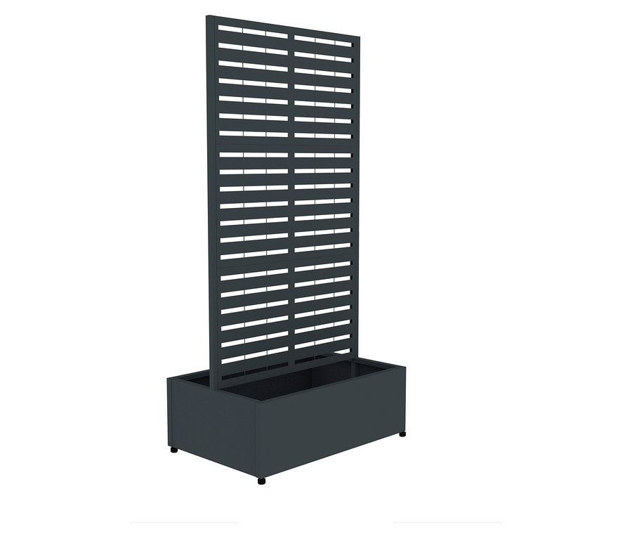 Eine hohe, dunkle Pflanzkiste mit einem aufgesetzten, horizontalen Lamellengitter steht auf einem weißen Hintergrund.