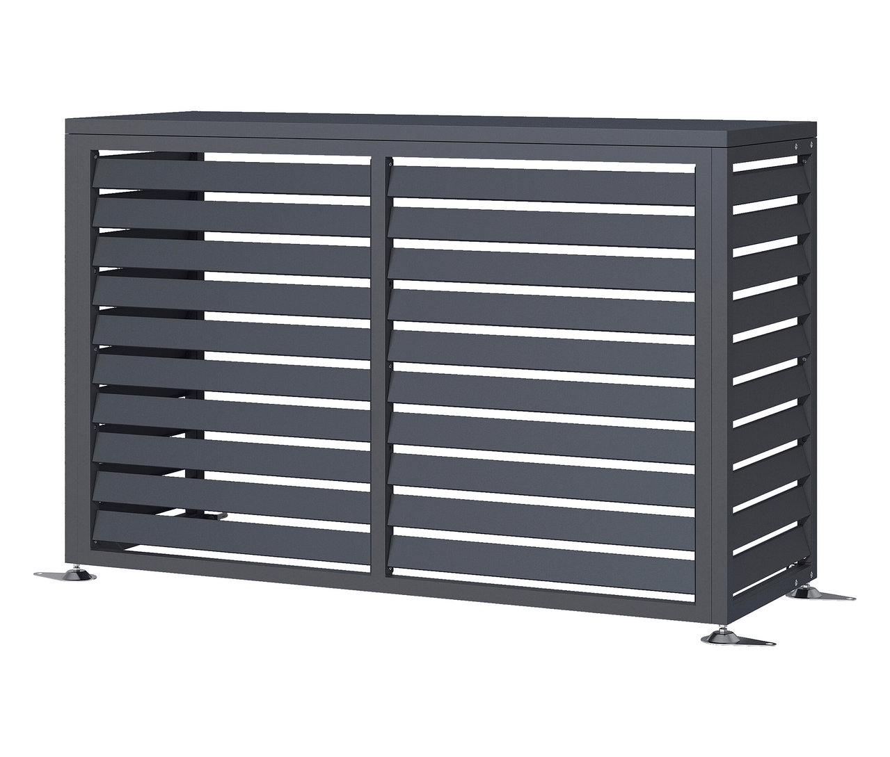 Ein grauer Klimaanlagenverkleidungsschrank mit horizontalen Lamellen steht auf kleinen Füßen.