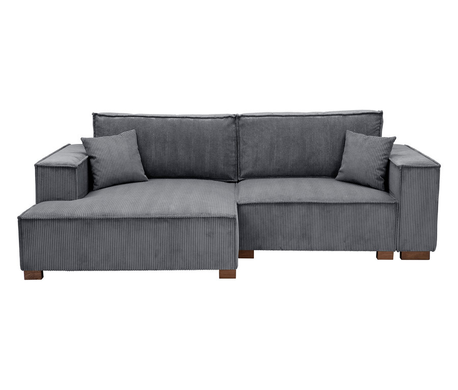Graues Cord-Ecksofa mit zwei Kissen auf Holzfüßen.