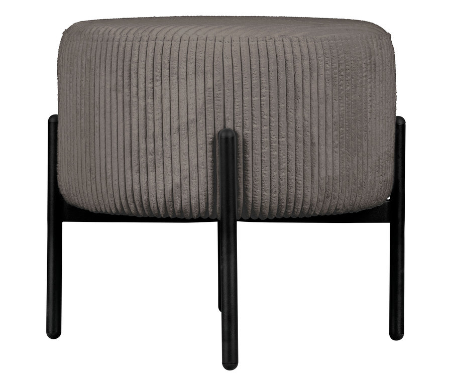 Ein grauer, runder Hocker mit vertikalem Rippenmuster steht auf einem schwarzen Metallgestell.