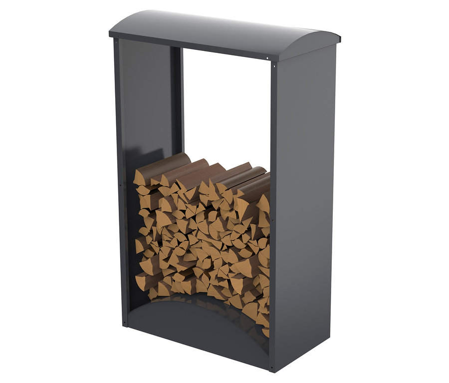 Ein graues Holzregal gefüllt mit Holzscheiten.