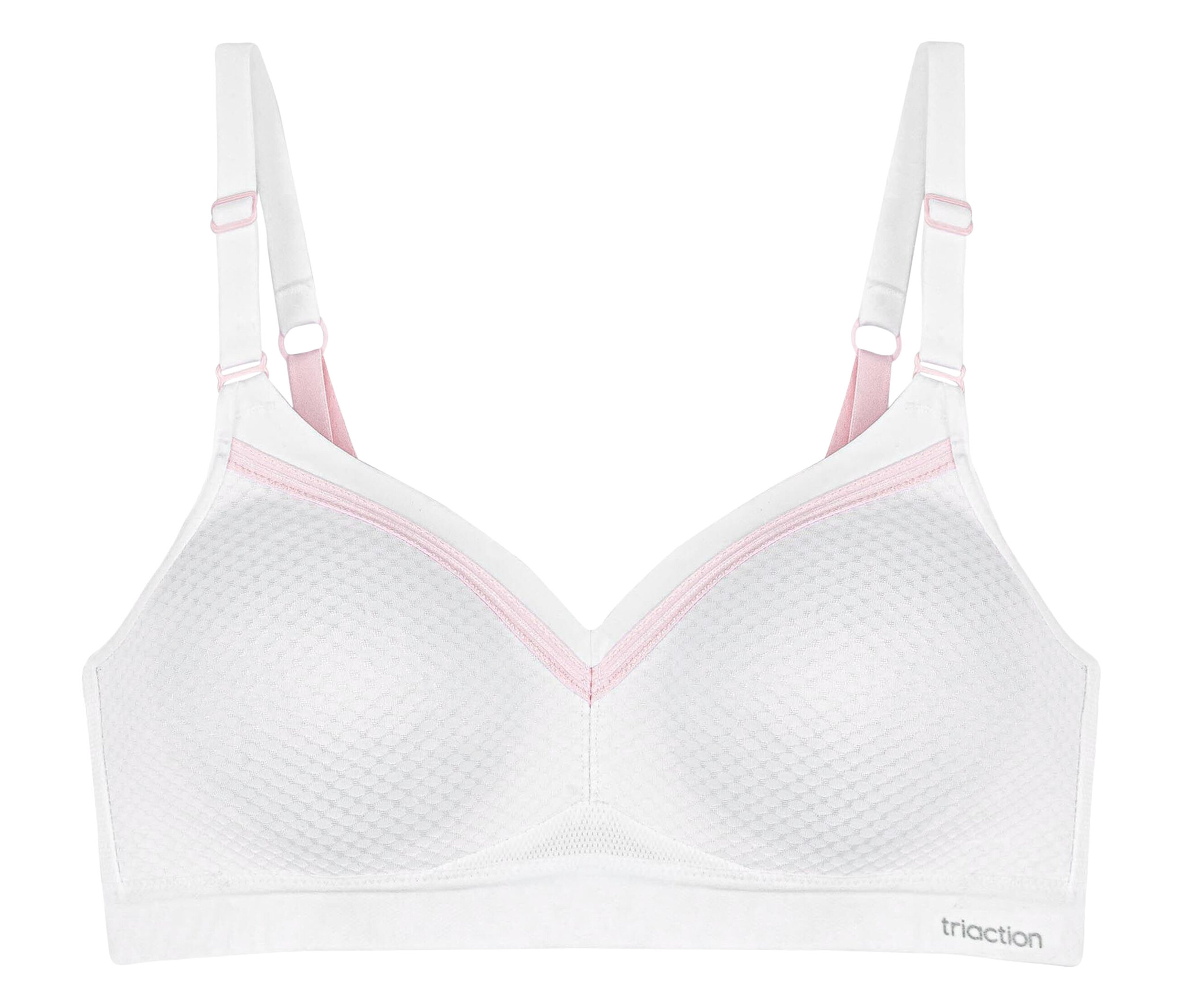 Weißer TRIUMPH Sport-BH Triaction Free Motion N EX mit pinkfarbenen Details.