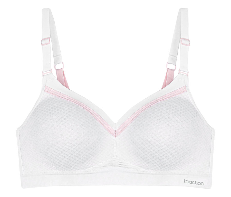 Weißer TRIUMPH Sport-BH Triaction Free Motion N EX mit pinkfarbenen Details.