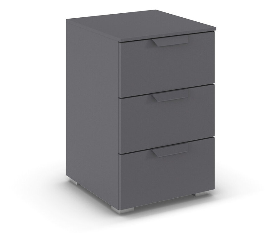 Nahaufnahme eines einzelnen grauen rauch Nachttisch »Holga« mit drei Schubladen.