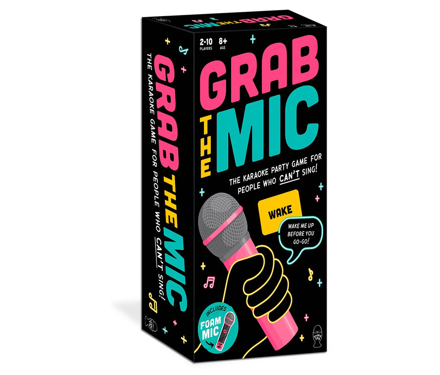 Eine Schachtel des Spiels "Grab the Mic" ist auf einem weißen Hintergrund zu sehen.