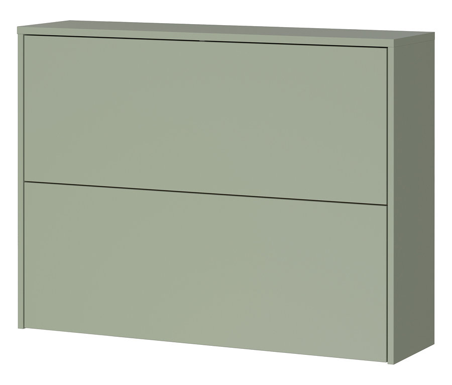Ein zweistöckiger, horizontaler, hellgrüner Schrank ist vor einem weißen Hintergrund zu sehen.