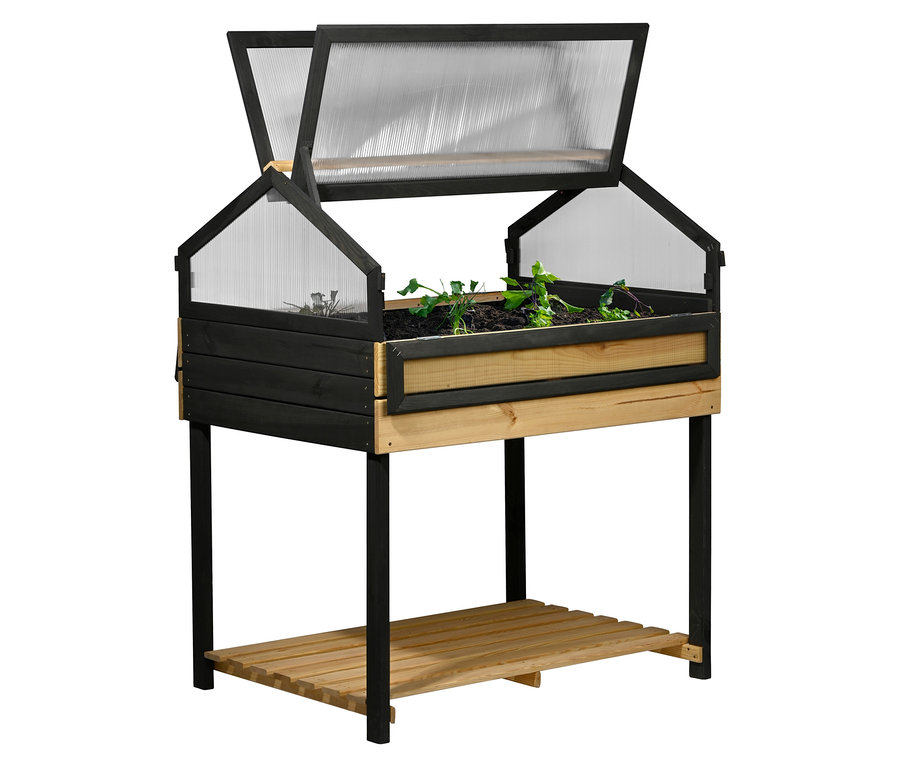 Ein 4-Jahreszeiten-Hochbeet, XXL mit geöffnetem transparentem Deckel und Pflanzen steht auf einem Holzregal.