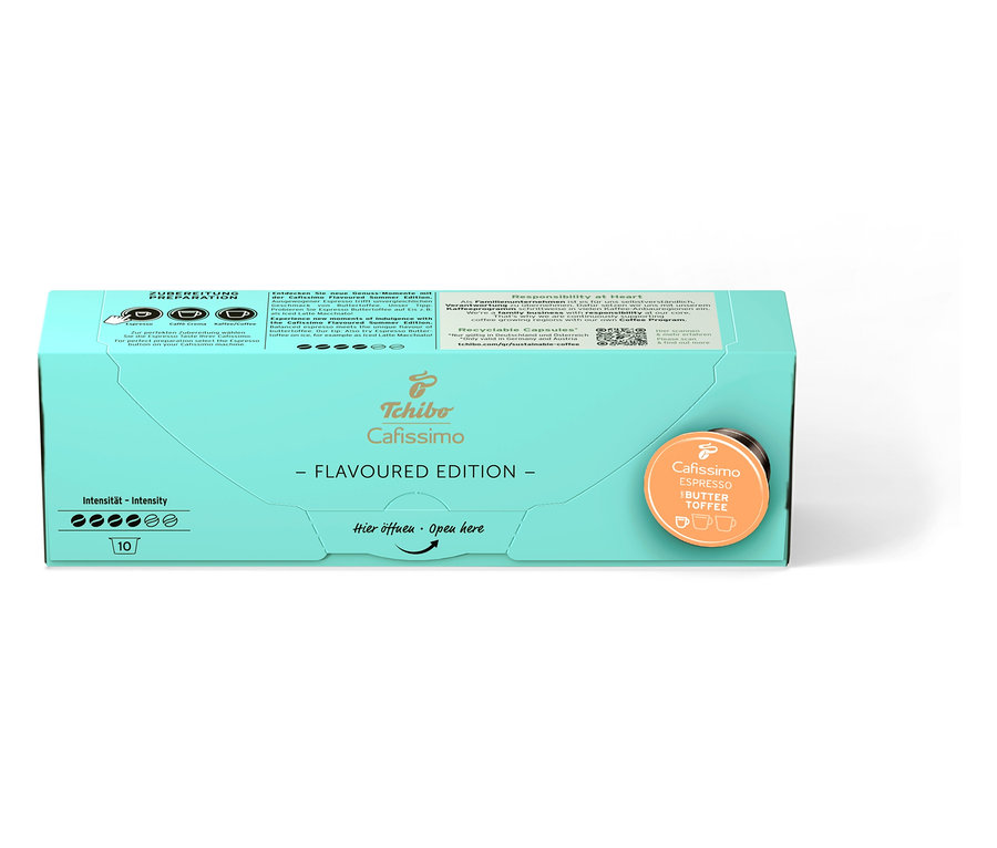 Eine Packung Cafissimo Flavoured Espresso - Buttertoffee mit 10 Kapseln ist zu sehen, daneben eine einzelne Kapsel.