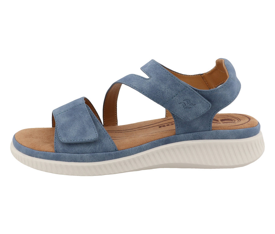 Einzelne blaue Romika Sandale mit braunem Fußbett und weißer Sohle.