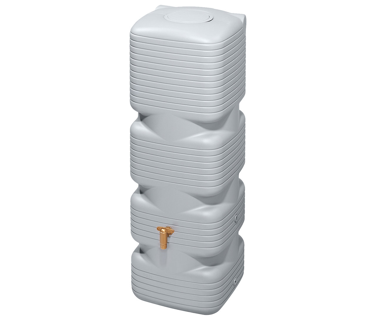 Grauer, gestufter Wassertank mit goldenem Hahn.