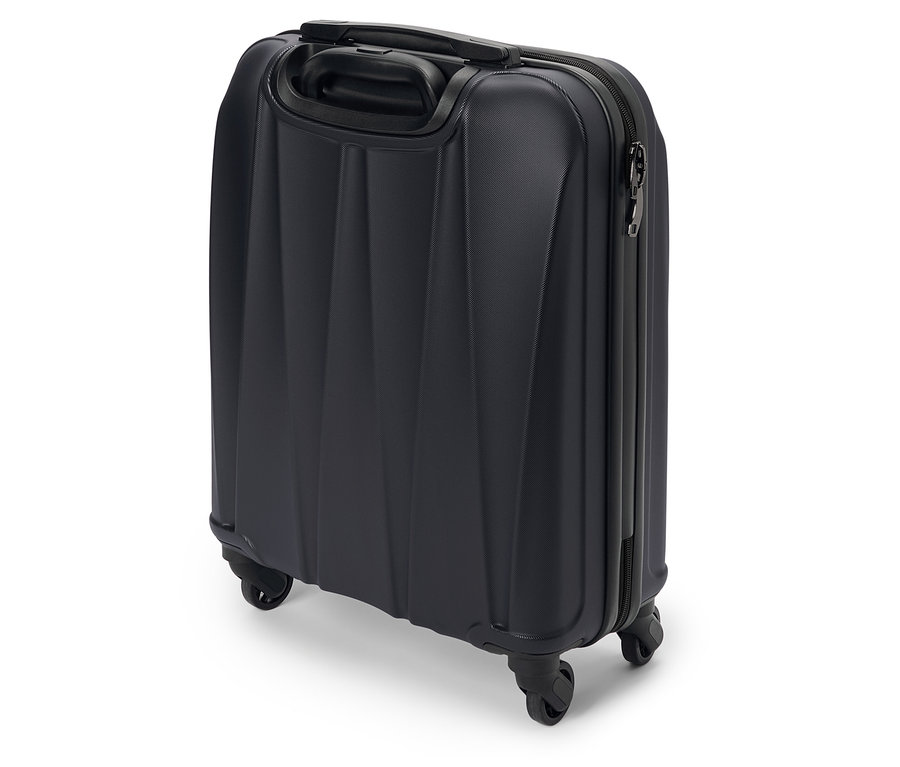 Nahaufnahme eines marineblauen Koffers mit Rollen und Teleskopgriff.