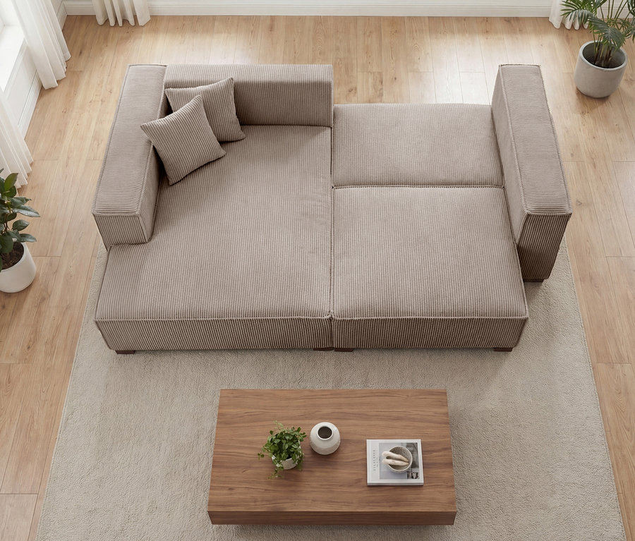Ansicht von oben auf ein »Cumello« Mocca 2-Sitzer Sofa mit Ausziehbett rechts und Longchair links.