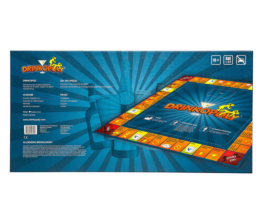 Spiel »Drinkopoly« auf blauem Hintergrund mit Spielbrett, Karten und Figuren.